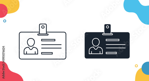 Two identification card badges with a person icon and text lines are shown in outline and dark solid filled styles.