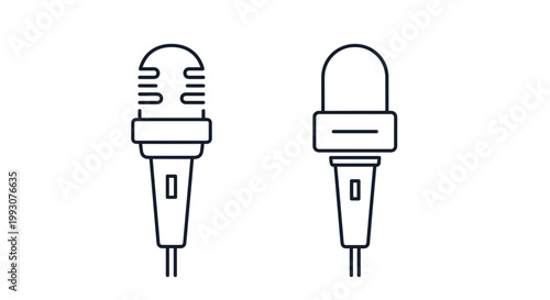 Two different microphone icons for broadcasting or performance are shown in detailed and simplified line art styles.