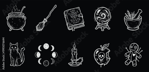 Mystical witchcraft symbols set in white hand drawn chalk style for magic and occult designs