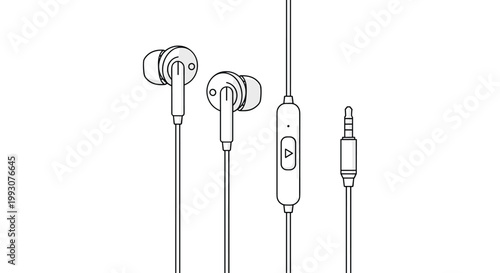 Pair of wired in-ear headphones with a built-in remote control and a 3.5mm jack plug shown in a technical drawing style.