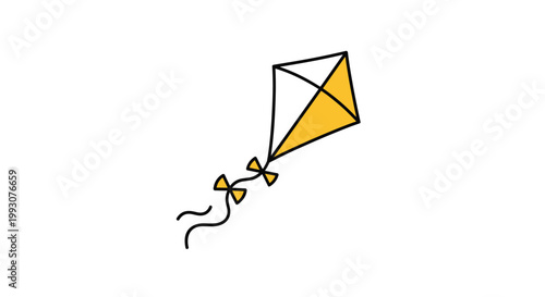 Yellow and white kite is shown flying diagonally across the frame with a string and decorative bows for leisure.