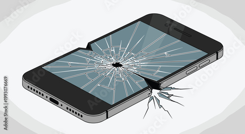Smartphone device is shown from an angle with a severely cracked and shattered glass screen caused by a heavy impact.