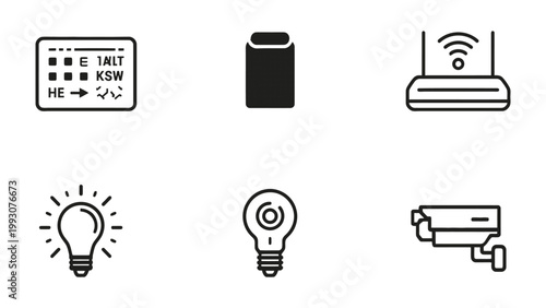 Smart Home Gadgets Icons: An array of contemporary tech icons, symbolizing smart home functionalities, communication, and digital conveniences.