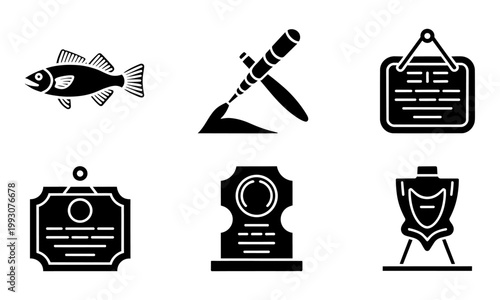 black and white icons of fish trophy certificate medal and award symbols on white background