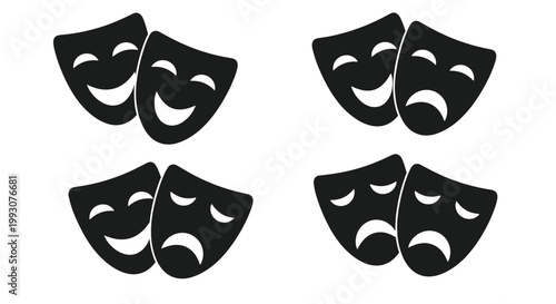 Four sets of drama masks representing comedy and tragedy are shown for various theater and performance art applications.