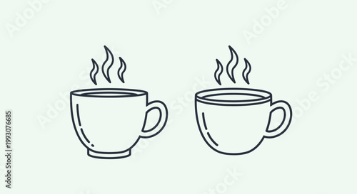 Pair of simple ceramic cups filled with a hot beverage emitting steam trails for a cozy breakfast or coffee break theme.