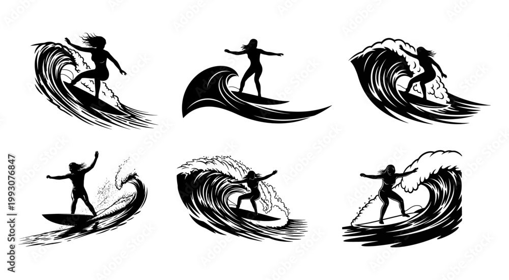 Fototapeta premium Elegant Surfer Girl Silhouette Riding Waves in Minimalist Vector Art Design Style
