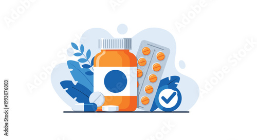 Medical pill bottle is surrounded by capsules and a blister pack of tablets in a colorful illustration representing health and pharmacy.