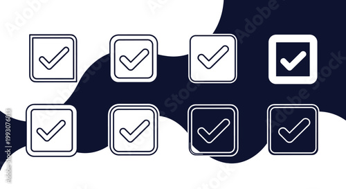 Multiple checkmark box icons are presented in different styles including outline and solid versions on a wavy blue and white background.
