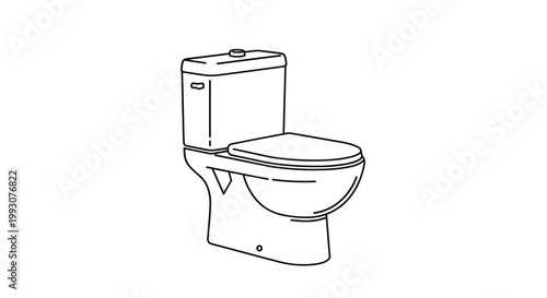 Traditional white toilet bowl with a tank is illustrated in a black outline drawing for plumbing or bathroom interior design concepts.
