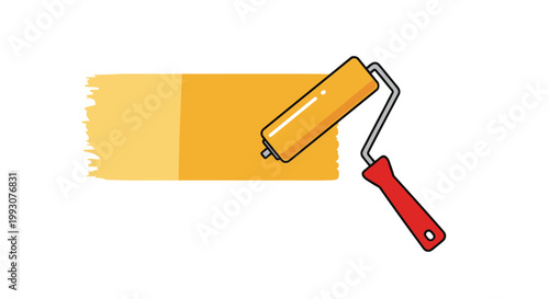 Red handled paint roller is shown applying a thick stroke of bright yellow paint onto a white surface in a colorful home improvement theme.