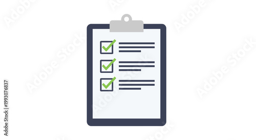 Clipboard displays a checklist with three green checkmarks and lines of text symbolizing task completion and organized project management.