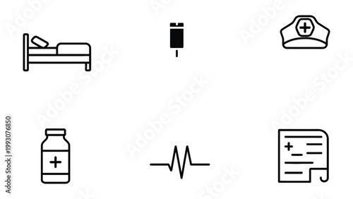 Medical Icons: A collection of simple, black and white medical icons representing essential healthcare elements, ideal for illustrating medical concepts. 