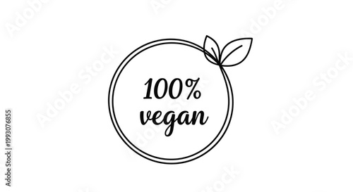 Vegan lifestyle label features a circular badge with the words one hundred percent vegan accompanied by two small leaves in a clean style.