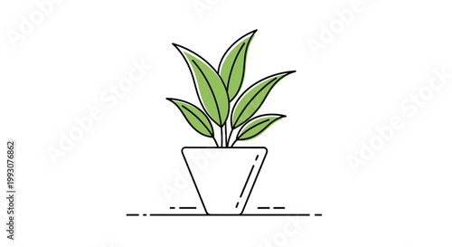Potted houseplant with vibrant green leaves is depicted in a modern line art style with a minimal white ceramic pot on a clean background.