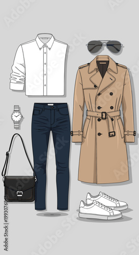 Flat lay of a classic men's smart-casual outfit featuring a beige trench coat, white shirt, blue jeans, white sneakers, sunglasses, watch, and black bag on a grey background.