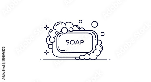 Rectangular bar of soap is surrounded by fluffy white bubbles and soap suds in a clean line art style perfect for hygiene and health topics.