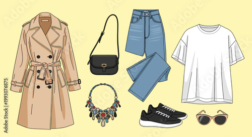 A flat lay of a stylish women's casual outfit including a trench coat, jeans, t-shirt, sneakers, handbag, necklace, and sunglasses.