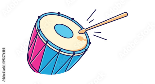 Colorful musical drum with a blue and pink body is shown being played with a wooden drumstick in a fun and vibrant illustration style.