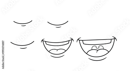 Set of various mouth and smile expressions is shown in simple line drawings ranging from a small smirk to a wide open grin.