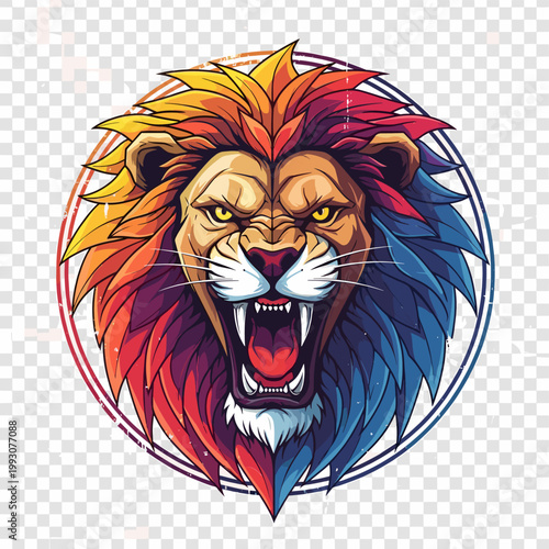 Vibrant stylized roaring lion head with a split-color mane in warm and cool tones, fierce expression.