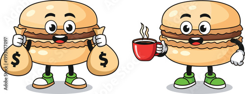 Set of Cute Cartoon Hamburger Characters Holding Money Bags and Coffee Cups for Fun Food and Finance Designs