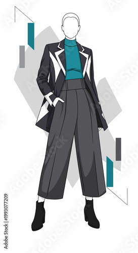 Stylish illustration of a headless figure in a modern business casual outfit featuring a dark blazer, teal turtleneck, wide-leg pants, and ankle boots.