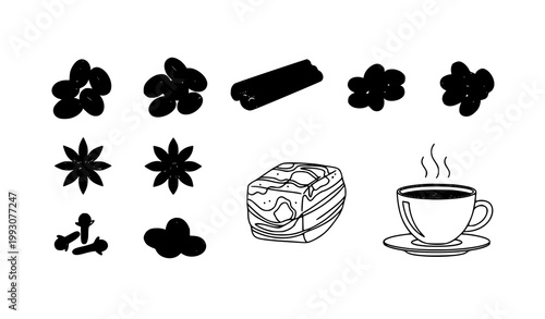 Minimal coffee elements vector set with beans spices and steaming cup in clean outline style