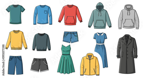 A collection of diverse casual and formal clothing items for men and women, including t-shirts, sweaters, hoodies, shorts, dresses, and coats.
