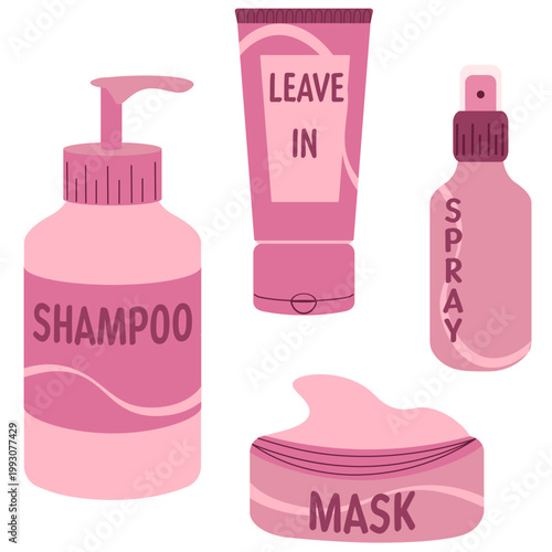 Hair care set of professional products in various shades of pink, including a shampoo pump bottle, leave-in conditioner tube, spray bottle, and a hair mask jar. Hair cosmetics line. 