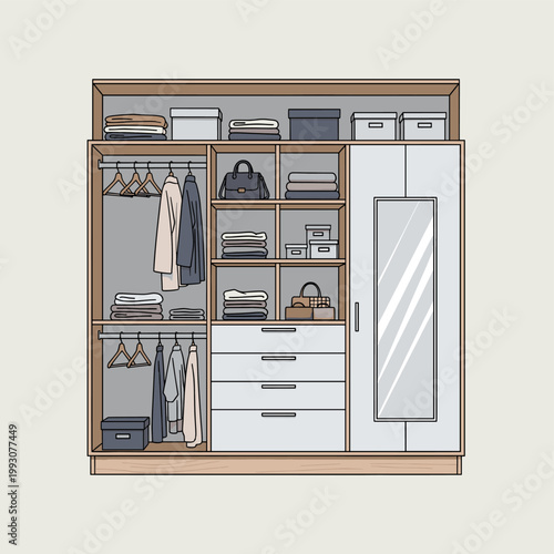 A meticulously organized walk-in closet featuring neatly folded clothes, hanging garments, storage boxes, and a full-length mirror.