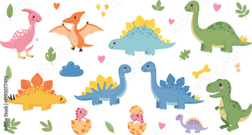 Cute Dinosaur Illustration Set Featuring Baby Dinosaurs, Pterodactyls, Stegosaurus, and Fun Dino Accessories for Kids' Educational, Fun, and Cartoon Design Projects.