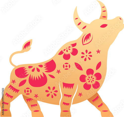 Papercut cow with red flower patterns