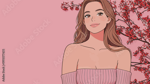 Portrait of a Beautiful Woman with Floral Background