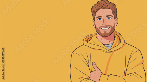 Happy man in yellow hoodie giving thumbs up