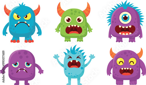 Cute Colorful Cartoon Monster Character Vector Illustration Set Featuring Angry Scared Sad and Crazy Emotion Expressions with Horns and One Eye for Kids and Game Design
