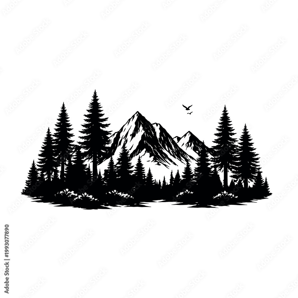 Fototapeta premium Forest and mountains vector black and white silhouette