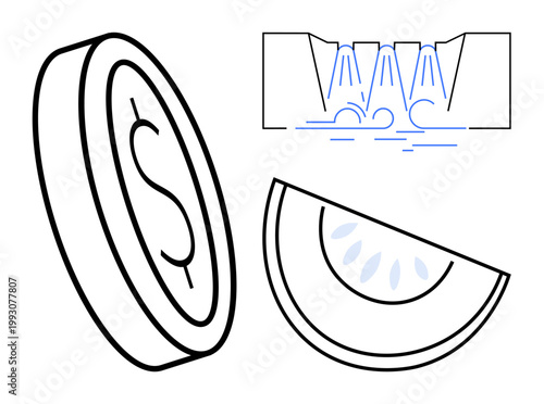 Financial services, food industry, hydration, economics, water conservation, design concepts. A coin, fruit slice and water flow illustration. Financial services and hydration concept
