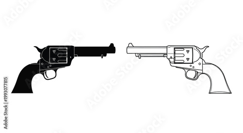 Two vintage revolvers displayed in a stark black silhouette