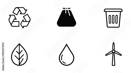 Eco-Friendly Symbols Set: A minimalist collection of icons representing essential elements of environmental conservation, including recycling, waste management, natural resources and clean energy.