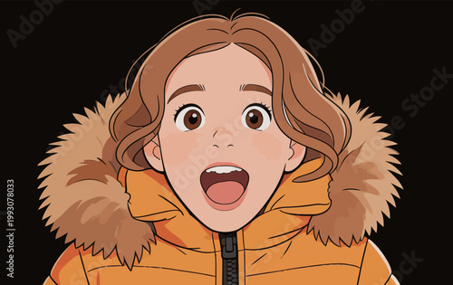 Surprised Woman in Yellow Puffy Jacket with Fur Trim