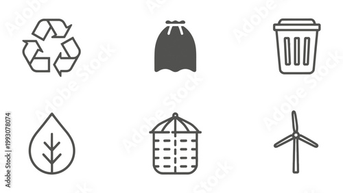 Eco-Friendly Icons: A collection of minimalist icons represent essential elements of sustainability and environmental responsibility, emphasizing the importance of recycling, waste reduction.