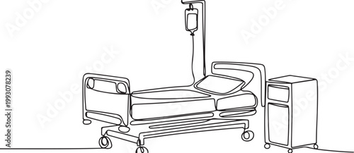 Hospital bed with IV drip and tall bedside cabinet line art