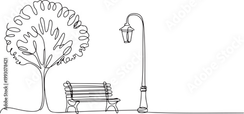 Single Line Drawing of Park Bench and Street Lamp vector