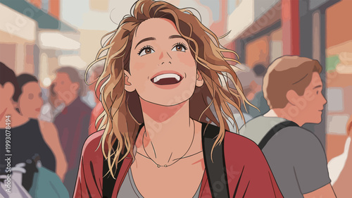 Happy Woman with Curly Hair in Urban Setting