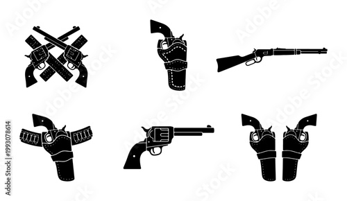 Slika na platnu Vintage wild west revolver and rifle silhouettes, set of 6 western gun and holst