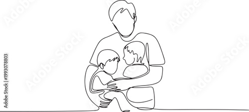 Father embracing two children continuous line art parent