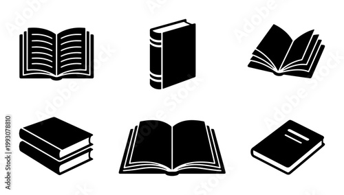 Foto Minimalist book icon set with 6 black vector silhouettes, open and closed textbo