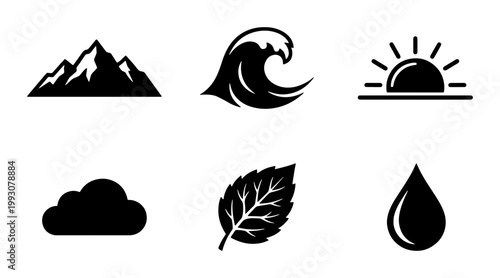 Minimalist nature icons set, black silhouette mountain and ocean wave symbols, 6 vector elements including sun leaf and water drop