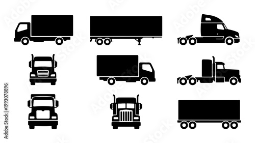 Obraz na płótnie Commercial truck silhouette icons, heavy vehicle transport set, delivery semi-tr